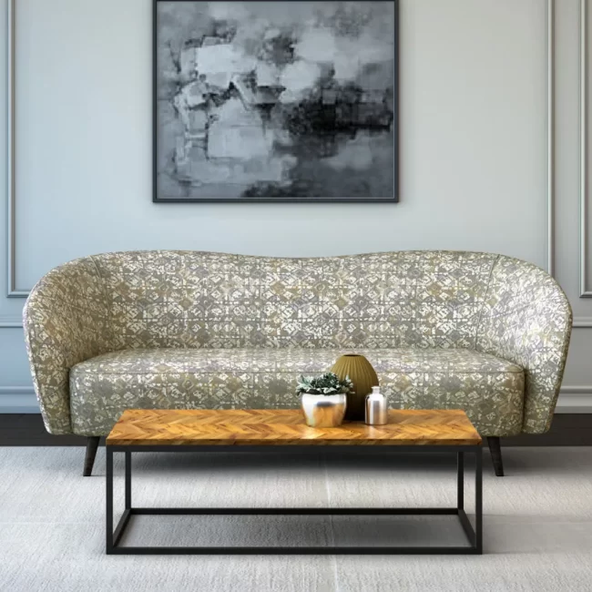 Grey patterned fabric sofa with coffee table