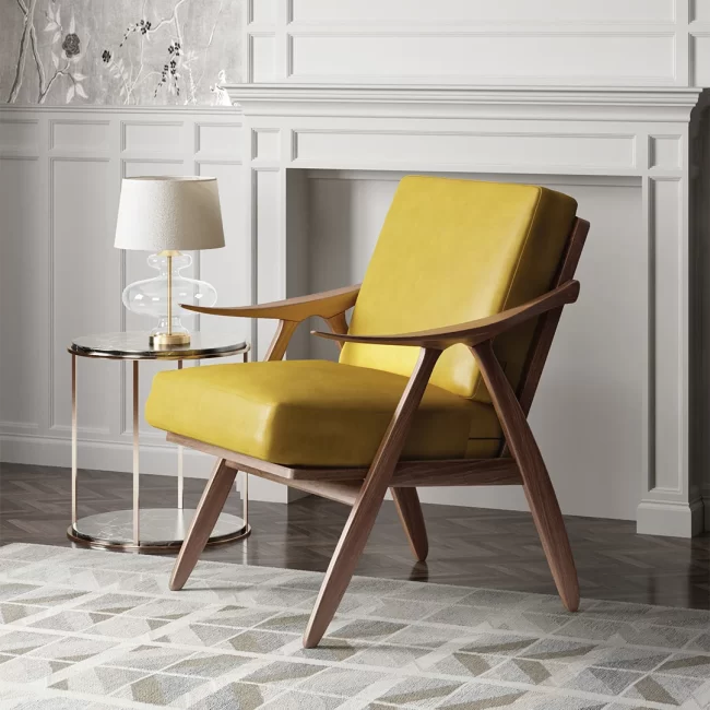 Yellow cushioned wooden armchair