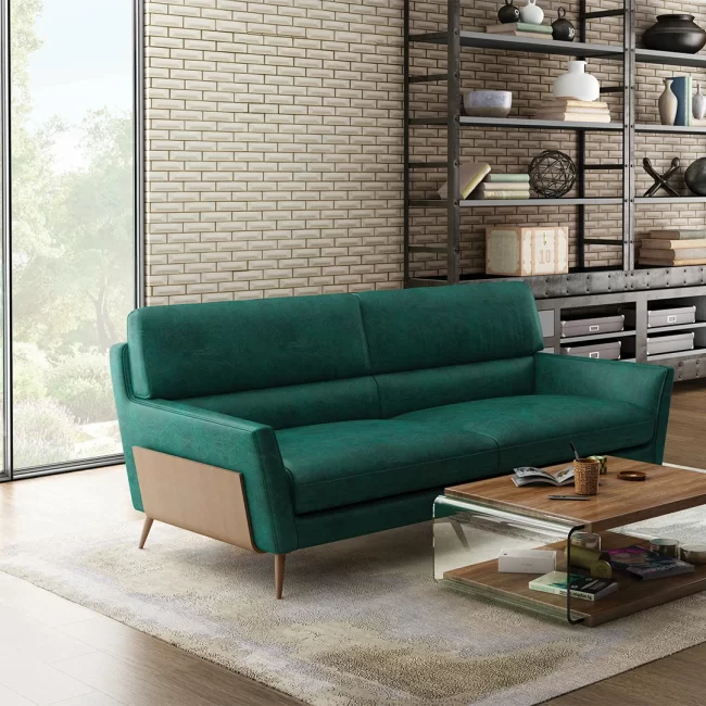 Teal fabric sofa in living room
