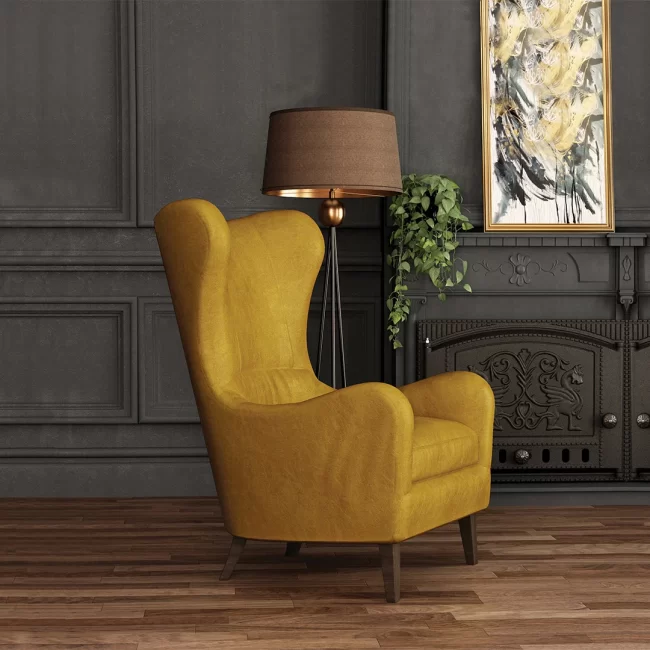 Yellow wingback chair with floor lamp