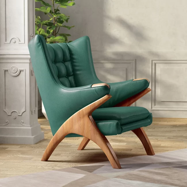 Green lounge chair with wooden frame