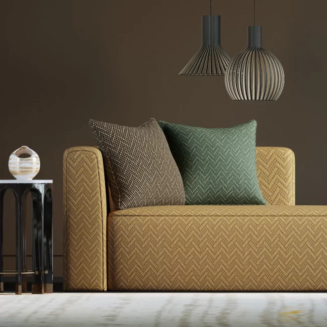 Yellow sofa with green cushions