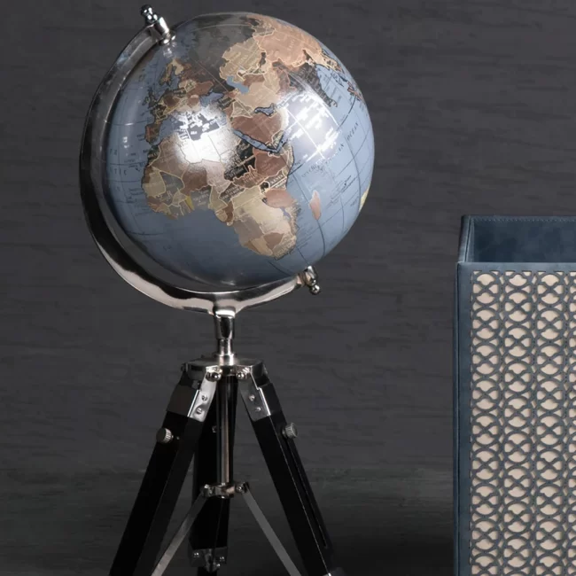 Premium black globe on tripod stand for home decor